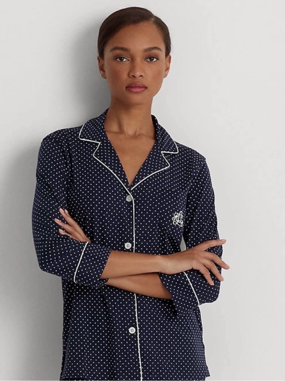 Lauren Ralph Lauren Navy Polka Dot Button Front Pajama Top Collared 3/4 Sleeve M